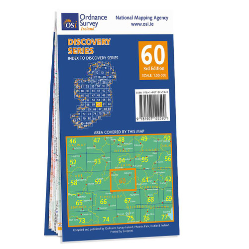 Blue and orange back cover of OS Ireland Discovery Series Map of County Kilkenny, Laois and Tipperary: OSI Discovery 60 showing the area covered by the map and the wider area