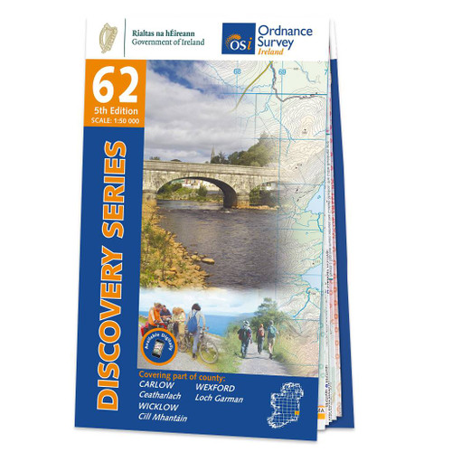 Blue and orange front cover of OS Ireland Discovery Series Map of County Carlow, Wexford and Wicklow: OSI Discovery 62