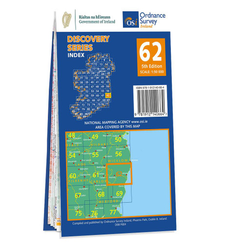 Blue and orange back cover of OS Ireland Discovery Series Map of County Carlow, Wexford and Wicklow: OSI Discovery 62 showing the area covered by the map and the wider area