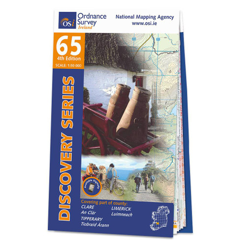 Blue and orange front cover of OS Ireland Discovery Series Map of County Clare, Limerick and Tipperary: OSI Discovery 65