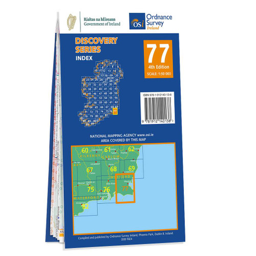 Blue and orange back cover of OS Ireland Discovery Series Map of County Wexford: OSI Discovery 77 showing the area covered by the map and the wider area