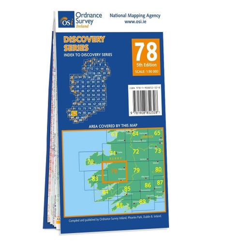Blue and orange back cover of OS Ireland Discovery Series Map of County Kerry: OSI Discovery 78 showing the area covered by the map and the wider area