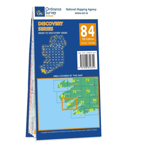 Blue and orange back cover of OS Ireland Discovery Series Map of County Cork and Kerry: OSI Discovery 84 showing the area covered by the map and the wider area