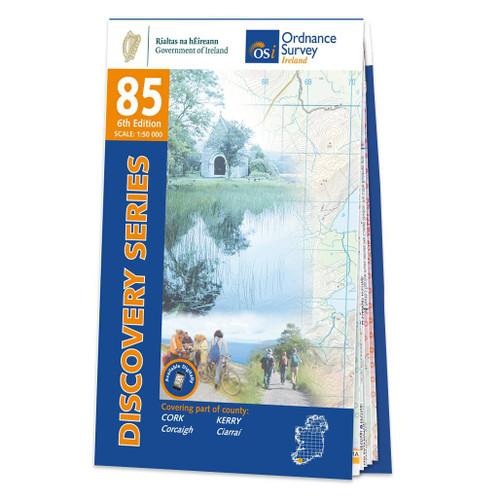 Blue and orange front cover of OS Ireland Discovery Series Map of County Cork and Kerry: OSI Discovery 85