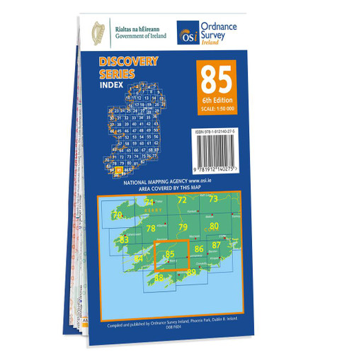Blue and orange back cover of OS Ireland Discovery Series Map of County Cork and Kerry: OSI Discovery 85 showing the area covered by the map and the wider area