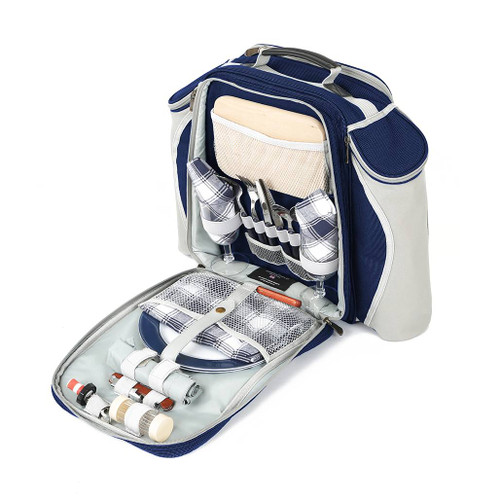 Greenfield Collection Deluxe Picnic Backpack Hamper for Two People - Navy Blue case open at the front showing the contents inside the bag