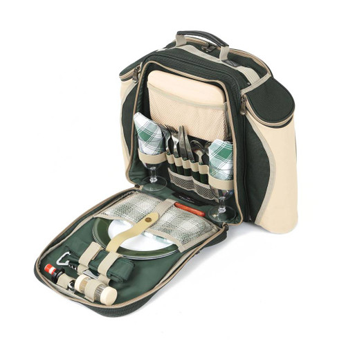 Greenfield Collection Deluxe Picnic Backpack Hamper for Two People - Forest Green case open at the front showing the contents inside the bag