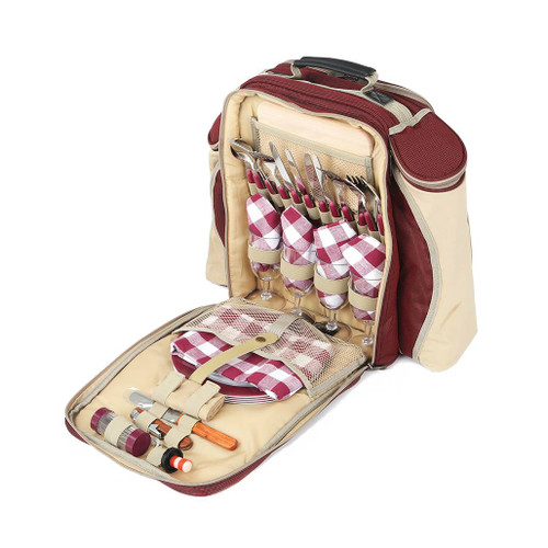 Greenfield Collection Deluxe Picnic Backpack Hamper for Four People - Mulberry case is open at the front showing the contents inside the bag