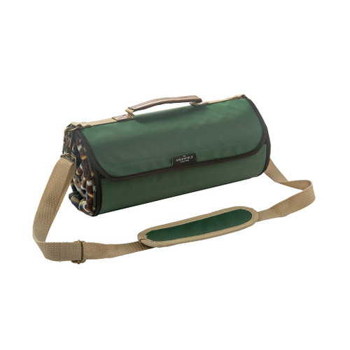 Greenfield Collection Luxury Moisture Resistant Picnic Blanket - Forest Green Plaid rolled up ready to go and showing beige and green carry strap facing front