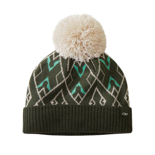 Griddle Beanie by Outdoor Research in a Fir geometric pattern of grey, cream and light green, grey logo label and large cream pompom