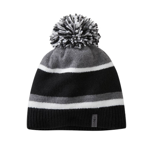 Black, grey and white striped Brioche Beanie Hat by Outdoor Research including a pompom and or logo