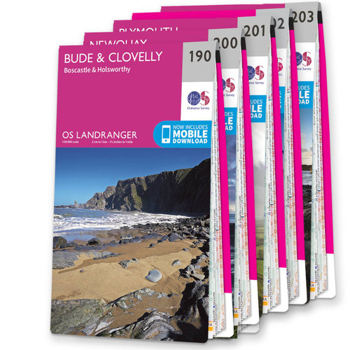 Pink front covers of the 6 maps in the OS Landranger Cornwall Map Set including 190 Bude & Clovelly at the front
