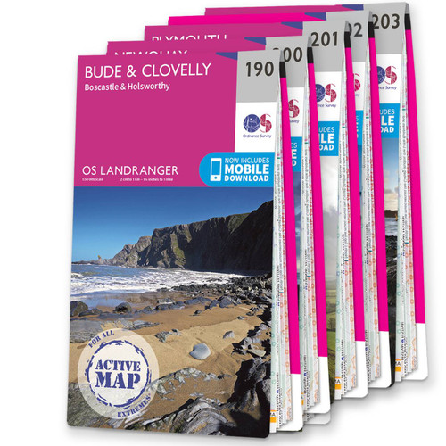 Pink front covers of the 6 maps in the OS Landranger Cornwall Map Set including 190 Bude & Clovelly at the front