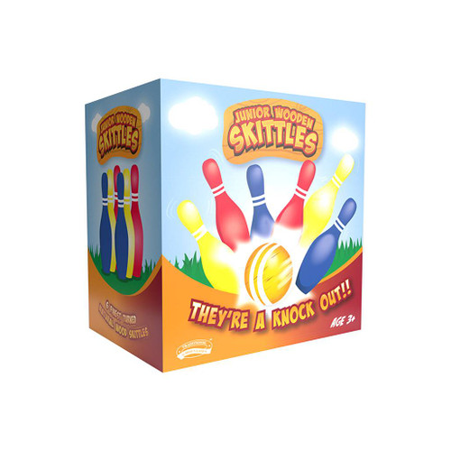Colourful card box for the Traditional Garden Games Junior Wooden Skittles with a cartoon of the ball hitting the skittles