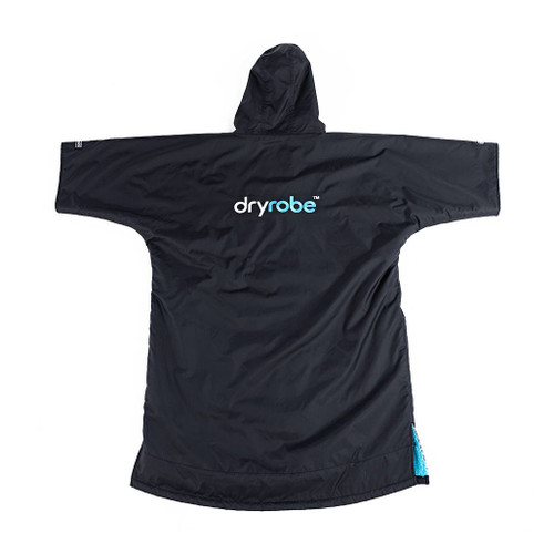 Dryrobe Advance Adults Blue Short Sleeve Outdoor Robe back view outstretched and laid on a flat surface showing the logo on the back