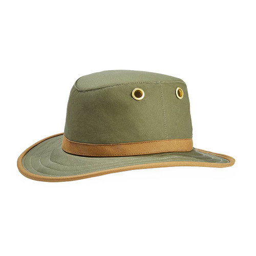 Tilley TWC7 Green Outback Waxed Cotton Hat in green with brown headband and brim trim showing brass coloured grommet vents to the side