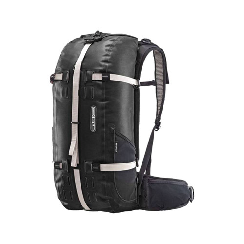 Ortleib Atrack 25 litre black waterproof backpack packed full to show the size from front and side and including the white fastening straps