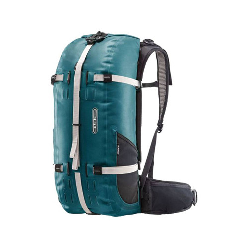 Ortleib Atrack 25 litre petrol blue waterproof backpack packed full to show the size from front and side and including the white fastening straps