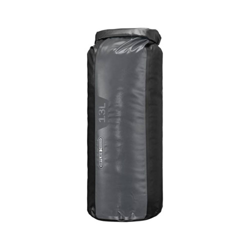 Ortlieb PD350 Slate Black Dry Bag 13l front view of the bag stuffed full and fastened ready to go
