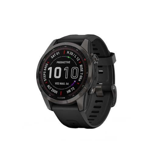 Garmin Fenix 7S Sapphire Solar Carbon Grey colour front view physical overview face