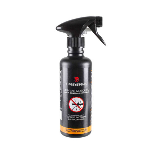 A bottle of Lifesystems EX4 Anti-Mosquito Repellent Spray facing front with the trigger to the side