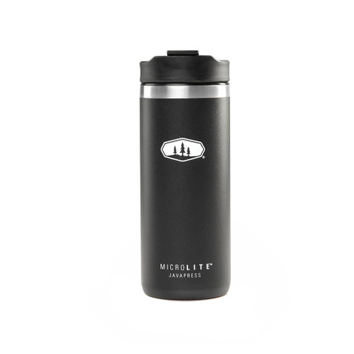 GSI Outdoor Microlite Commuter Javapress Flask side view of the standing flask in black with white logo