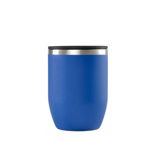 GSI Outdoor Glacier Doppio Thermal Mug in blue with steel rim and silicone top side view