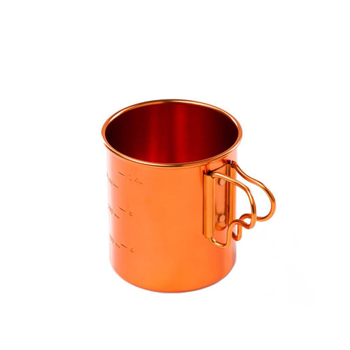 GSI Outdoor Camping Bugaboo Orange Cup side view showing some of the measurements in imperial and handle ready to use