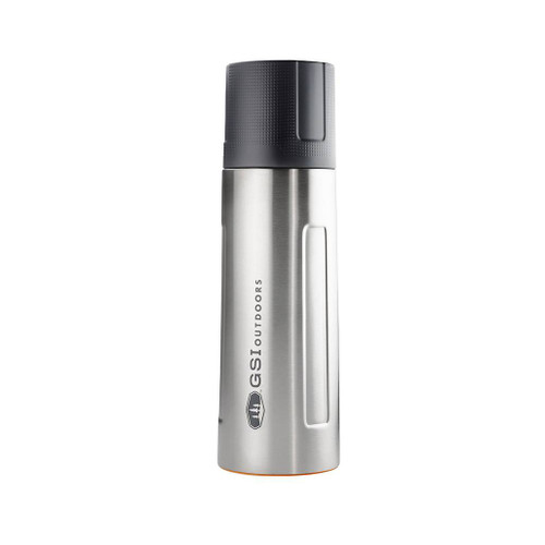 GSI Outdoor Glacier Stainless 1L Vacuum Bottle standing side view fully assembled with black lid