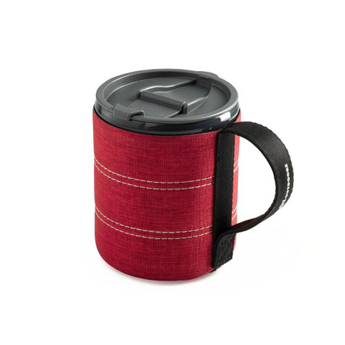 GSI Outdoor Infinity Backpacker Mug with red recycled plastic (rPET) fabric insulated sleeve with grey spill-resistant top and sealable spout