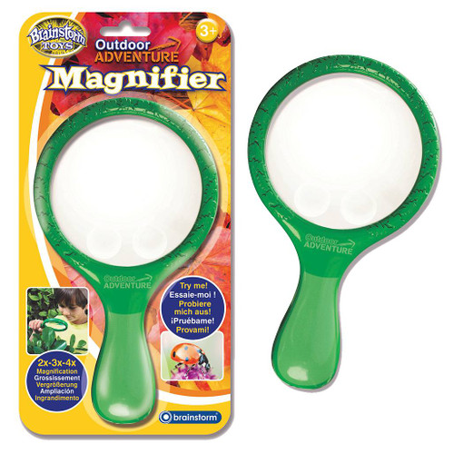 Two Brainstorm Toys Outdoor Adventure Magnifiers, one in its retail packaging and one without the packaging