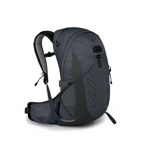 The Osprey Talon 22 Men's Daypack backpack in Eclipse Grey with dark grey strapping facing towards the right to show front and harness