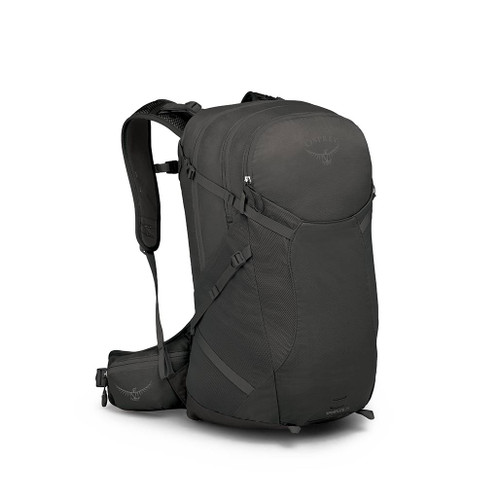 Osprey Sportlite 30 Backpack in Dark Charcoal Grey turned to the right showing compression straps and harness