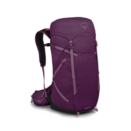 Osprey Sportlite 30 Backpack in Aubergine Purple turned to the right showing compression straps and harness