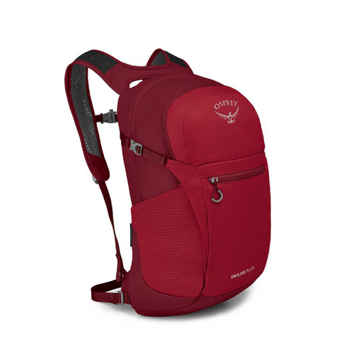 The Osprey Daylite Plus Daypack backpack in Cosmic Red facing towards the right to show back and harness