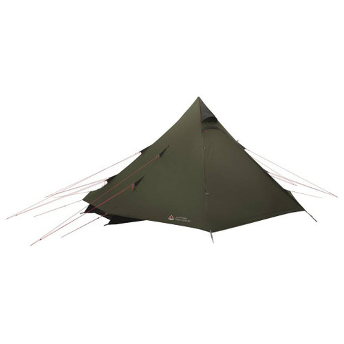 Robens Green Cone PRS Tipi Tent in green front view of the 4 person tent set up ready to use with the outer tent zipped up