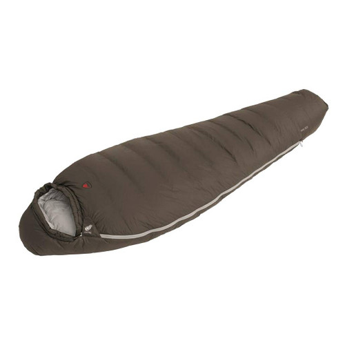 Robens Serac 600 Sleeping Bag laid out and tilted to show closed zip with small face hole in dark brown and beige grey inside