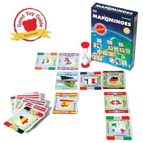 Game cards and box for Mapominoes Europe - The Ultimate Geography Card Game