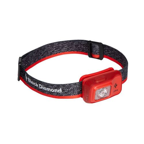 Black Diamond Astro 300-R Headlamp full view showing the head strap and lamp in Octane red and black