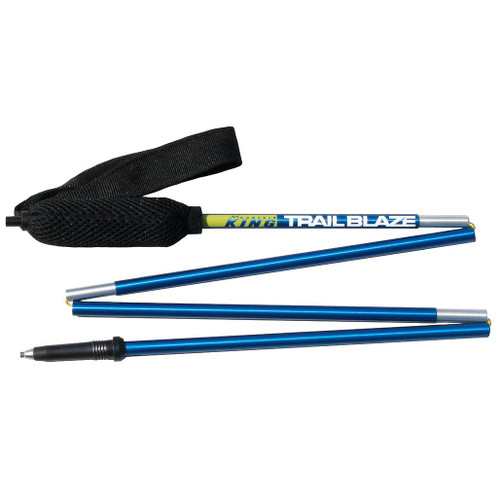 Trail Blaze Walking Pole by Mountain King in blue with a yellow and blue logo under the black airflow grip folded into 4 sections