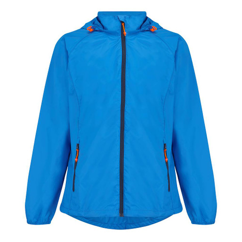Origin 2 Adult Ocean Blue Jacket by Mac in a Sac with black zips and orange pulls on white background
