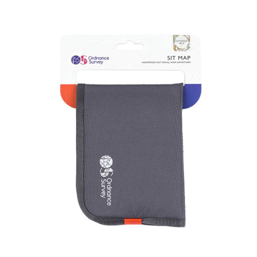OS Cotswold Hills Sit Map folded showing it's grey backing and white logo and a bright orange clip, displayed on it's white retail card