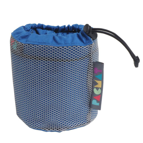 Signature Family PACMAT Picnic Blanket - Royal Blue side view of the rolled up blanket in it's mesh bag