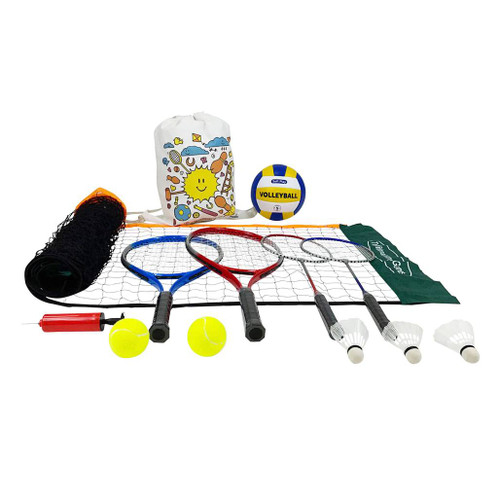 Full contents of the Traditional Garden Games 3 in 1 Badminton Volleyball & Tennis Playset with 5m Net laid out onto a white background