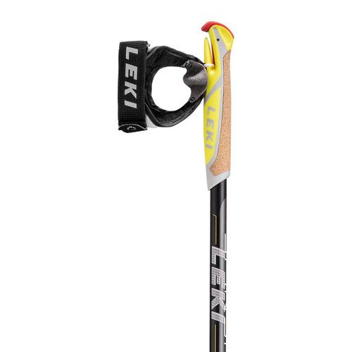 Leki Spin Shark SL Walking Pole close up view of the handstrap and yellow and part cork grip