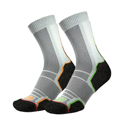 1000 Mile Men's Trek Repreve Single Layer Socks in Grey with black toe and heel with orange, green and red lines displayed against a white background
