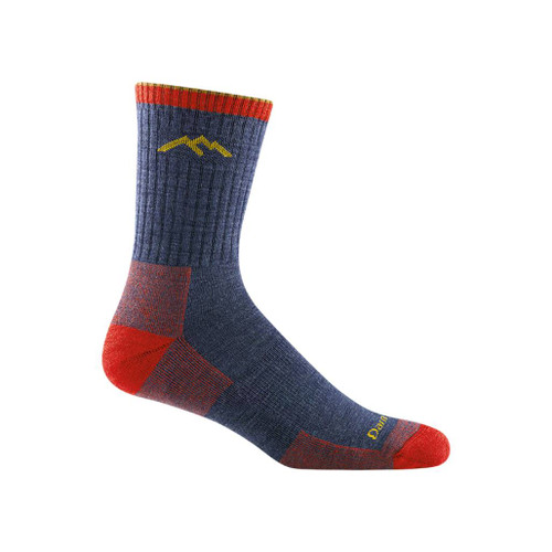 Darn Tough Men's Hiker Micro Crew Midweight Socks in Denim blue with red heel and toe displayed against a white background