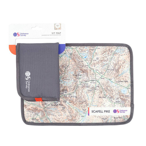 The OS Scafell Pike Sit Map by Ordnance Survey Outdoor Kit full front view of the waterproof padded seat and folded sit map on retail card on the top left corner
