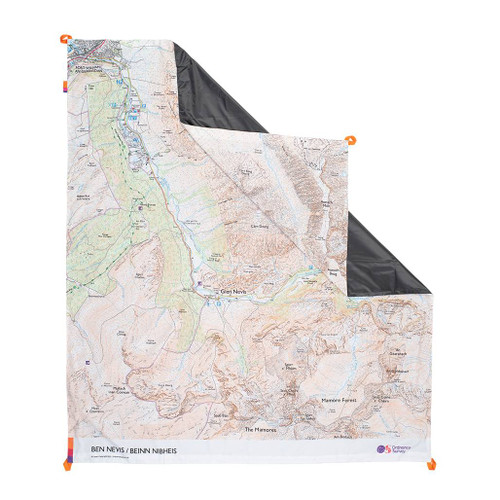 The OS Ben Nevis Picnic Blanket by Ordnance Survey Outdoor Kit front view of the blanket with the corner turned down to show the waterproof back