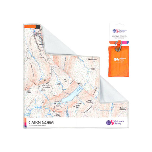 OS Cairngorms Micro Towel displayed on the retail card on the left and a towel half opened out with a corner folded
